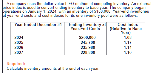 A company uses the dollar-value LIFO method of computing inventory. An external
price index is used to convert ending inventory to base year. The company began
operations on January 1, 2024, with an inventory of $150,000. Year-end inventories
at year-end costs and cost indexes for its one inventory pool were as follows:
Year Ended December 31 Ending Inventory at
Year-End Costs
2024
2025
2026
2027
$200,000
245,700
235,980
228,800
Required:
Calculate inventory amounts at the end of each year.
Cost Index
(Relative to Base
Year)
1.08
1.17
1.14
1.10