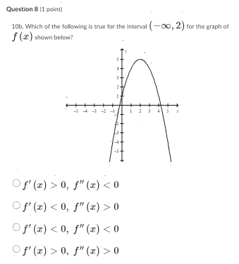 Question 8 (1 point)
10b. Which of the following is true for the interval (-00, 2) for the graph of
f(x) shown below?
-5
-3 -2
Of'(x) > 0, f" (x) <0
Of'(x) <0, ƒ" (x) > 0
Of'(x) <0, f" (x) <0
Of'(x) > 0, f" (x) > 0