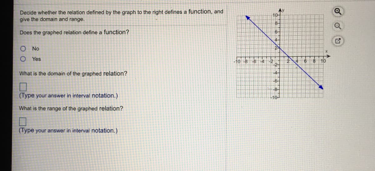Decide whether the relation defined by the graph to the right defines a function, and
give the domain and range.
AY
10-
8-
Does the graphed relation define a function?
6-
4-
No
2
Yes
10-8-6 -4
-2
-2
4 6
10
What is the domain of the graphed relation?
-4-
-6
-8-
(Type your answer in interval notation.)
10
What is the range of the graphed relation?
(Type your answer in interval notation.)
