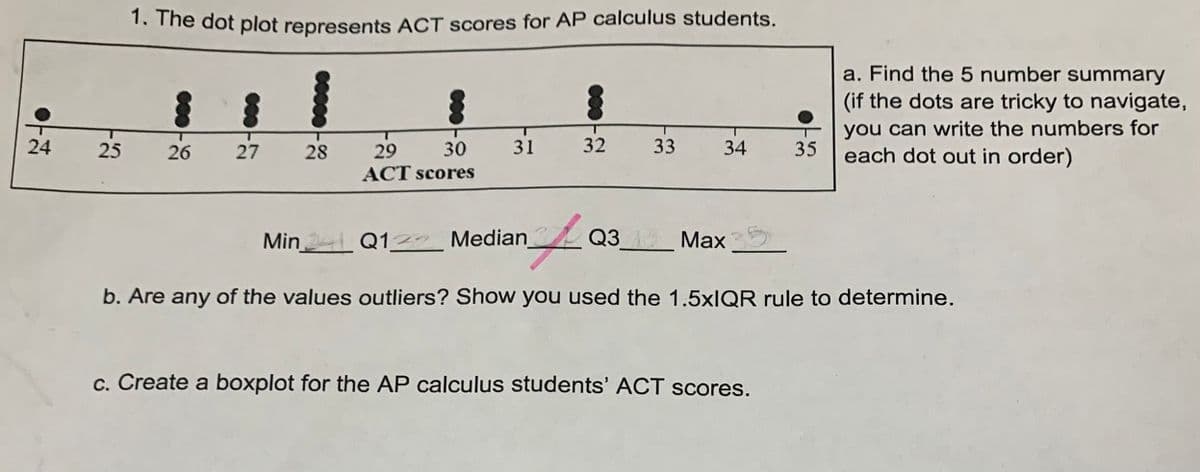 24
1. The dot plot represents ACT scores for AP calculus students.
25
32
27
26
28
31
33
34
35
29 30
ACT scores
Min Q122 Median
f
Q3 Max 35
b. Are any of the values outliers? Show you used the 1.5xIQR rule to determine.
c. Create a boxplot for the AP calculus students' ACT scores.
a. Find the 5 number summary
(if the dots are tricky to navigate,
you can write the numbers for
each dot out in order)