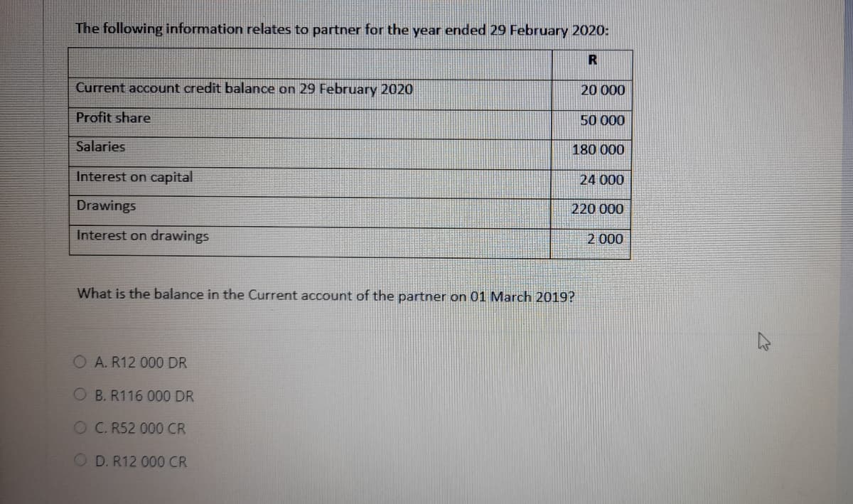 The following information relates to partner for the year ended 29 February 2020:
Current account credit balance on 29 February 2020
20 000
Profit share
50 000
Salaries
180 000
Interest on capital
24 000
Drawings
220 000
Interest on drawings
2 000
What is the balance in the Current account of the partner on 01 March 2019?
A. R12 000 DR
O B. R116 000 DR
OC. R52 000 CR
O D. R12 000 CR
