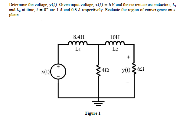 Determine the voltage, y(t). Given input voltage, x(t) = 5 V and the current across inductors, L,
and L2 at time, t = 0¯ are 1 A and 0.5 A respectively. Evaluate the region of convergence on s-
plane.
8.4H
10H
LI
L2
x(t)
y(t) 62
Figure 1
+
