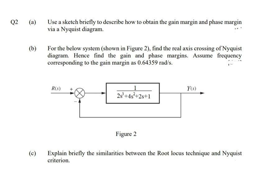Q2
Use a sketch briefly to describe how to obtain the gain margin and phase margin
via a Nyquist diagram.
(a)
(b)
For the below system (shown in Figure 2), find the real axis crossing of Nyquist
diagram. Hence find the gain and phase margins. Assume frequency
corresponding to the gain margin as 0.64359 rad/s.
1
2s+4s+2s+1
R(s)
Y(s)
Figure 2
Explain briefly the similarities between the Root locus technique and Nyquist
criterion.
(c)
