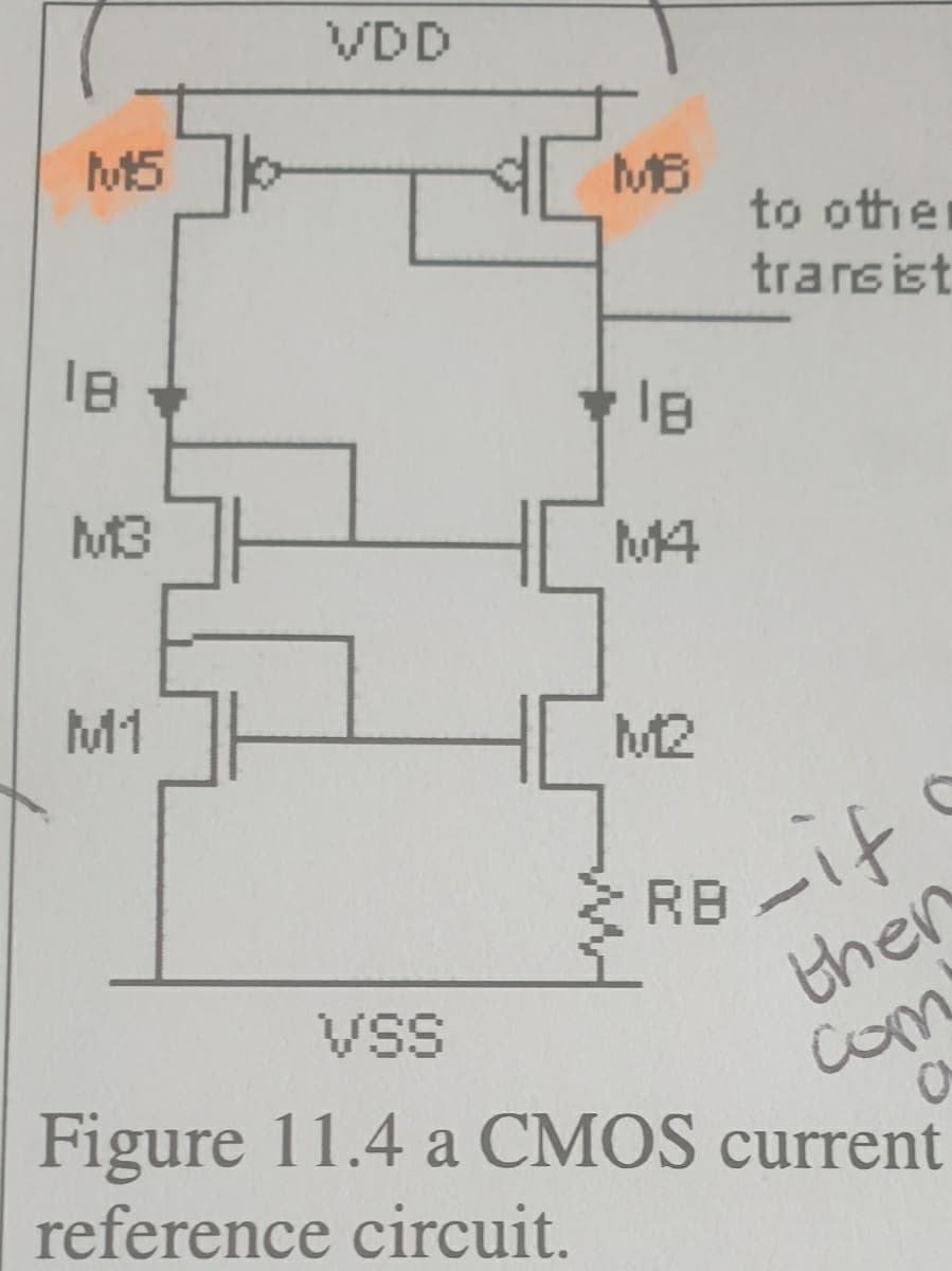 VDD
M5
MB
to othe
transist
M3
M4
M1
M2
RB-it
ther
VSS
com
Figure 11.4 a CMOS current
reference circuit.
