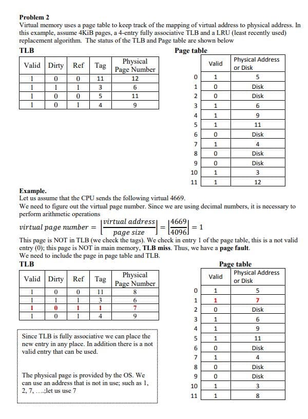 Problem 2
Virtual memory uses a page table to keep track of the mapping of virtual address to physical address. In
this example, assume 4KiB pages, a 4-entry fully associative TLB and a LRU (least recently used)
replacement algorithm. The status of the TLB and Page table are shown below
TLB
Page table
Valid Dirty Ref
Tag
Physical
Page Number
Valid
Physical Address
or Disk
1
0
0
11
12
0
1
5
1
1
1
3
6
1
0
Disk
1
0
0
5
11
2
0
Disk
1
0
1
4
9
3
1
6
4567
1
9
1
11
0
Disk
7
1
4
891
0
Disk
0
Disk
10
1
3
11
1
12
Example.
Let us assume that the CPU sends the following virtual 4669.
We need to figure out the virtual page number. Since we are using decimal numbers, it is necessary to
perform arithmetic operations
virtual page number =
|virtual address
page size
14669
4096
1
This page is NOT in TLB (we check the tags). We check in entry 1 of the page table, this is a not valid
entry (0); this page is NOT in main memory, TLB miss. Thus, we have a page fault.
We need to include the page in page table and TLB.
Page table
TLB
Valid Dirty Ref Tag
Physical
Page Number
Physical Address
Valid
or Disk
1
0
0
11
8
0
1
5
1
1
1
3
6
1
1
7
1
0
1
1
7
2
0
Disk
1
0
1
4
9
Since TLB is fully associative we can place the
new entry in any place. In addition there is a not
valid entry that can be used.
The physical page is provided by the OS. We
can use an address that is not in use; such as 1,
2, 7, ....;let us use 7
10
11
34567
891
1
6
1
9
1
11
0
Disk
1
4
0
Disk
0
Disk
1
3
1
8