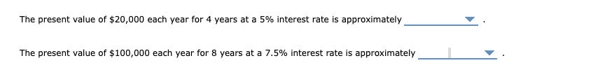 The present value of $20,000 each year for 4 years at a 5% interest rate is approximately
The present value of $100,000 each year for 8 years at a 7.5% interest rate is approximately