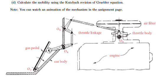 (d) Calculate the mobility using the Kutzbach revision of Gruebler equation.
Note: You can watch an animation of the mechanism in the assignment page.
gas pedal
0₂
car body
throttle linkage
engine-
air filter
throttle body
