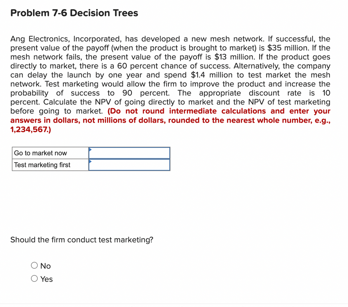 Problem 7-6 Decision Trees
Ang Electronics, Incorporated, has developed a new mesh network. If successful, the
present value of the payoff (when the product is brought to market) is $35 million. If the
mesh network fails, the present value of the payoff is $13 million. If the product goes
directly to market, there is a 60 percent chance of success. Alternatively, the company
can delay the launch by one year and spend $1.4 million to test market the mesh
network. Test marketing would allow the firm to improve the product and increase the
probability of success to 90 percent. The appropriate discount rate is 10
percent. Calculate the NPV of going directly to market and the NPV of test marketing
before going to market. (Do not round intermediate calculations and enter your
answers in dollars, not millions of dollars, rounded to the nearest whole number, e.g.,
1,234,567.)
Go to market now
Test marketing first
Should the firm conduct test marketing?
No
Yes