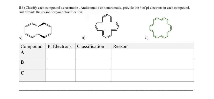 B3) Classify each compound as Aromatic, Antiaromatic or nonaromatic, provide the # of pi electrons in each compound,
and provide the reason for your classification.
A)
B)
Compound Pi Electrons Classification Reason
A
B
C
