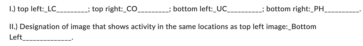 I.) top left: LC_
; top right:_CO
bottom left:_UC_
; bottom right:_PH_
II.) Designation of image that shows activity in the same locations as top left image:_Bottom
Left
