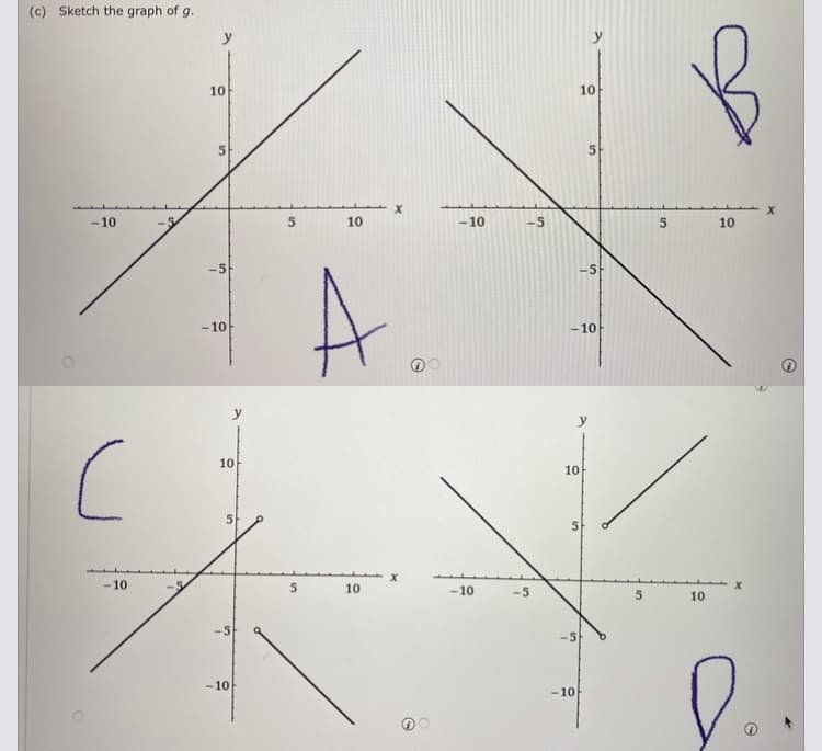 (c) Sketch the graph of g.
-10
C
-10
10
5
-5
-10
10
5
5
-10
5
5
10
10
X
X
-10
-10
5
10
-10
5
10
-10
15
5
5
10
10
X
X