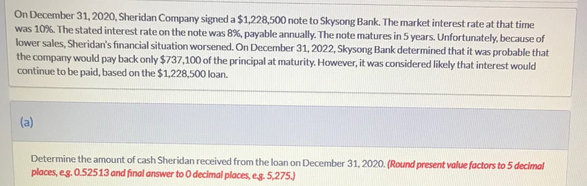 On December 31, 2020, Sheridan Company signed a $1,228,500 note to Skysong Bank. The market interest rate at that time
was 10%. The stated interest rate on the note was 8%, payable annually. The note matures in 5 years. Unfortunately, because of
lower sales, Sheridan's financial situation worsened. On December 31, 2022, Skysong Bank determined that it was probable that
the company would pay back only $737,100 of the principal at maturity. However, it was considered likely that interest would
continue to be paid, based on the $1,228,500 loan.
(a)
Determine the amount of cash Sheridan received from the loan on December 31, 2020. (Round present value factors to 5 decimal
places, eg. 0.52513 and final answer to O decimal places, eg. 5,275.)

