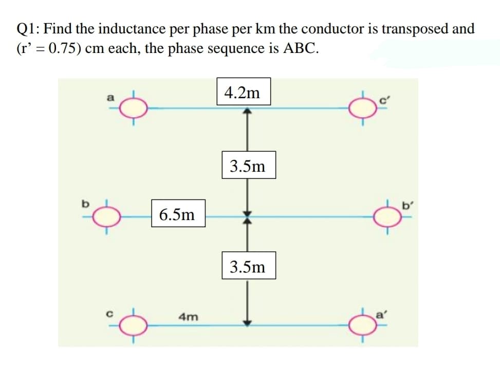 Q1: Find the inductance per phase per km the conductor is transposed and
(r' = 0.75) cm each, the phase sequence is ABC.
4.2m
3.5m
b'
6.5m
3.5m
4m
