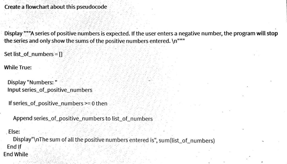 Create a flowchart about this pseudocode
Display """A series of positive numbers is expected. If the user enters a negative number, the program will stop
the series and only show the sums of the positive numbers entered. \n"
Set list_of_numbers []
%3D
While True:
Display "Numbers: "
Input series_of_positive_numbers
If series_of_positive_numbers >= 0 then
Append series_of_positive_numbers to list_of_numbers
Else:
Display"\nThe sum of all the positive numbers entered is", sum(list_of_numbers)
End If
End While
