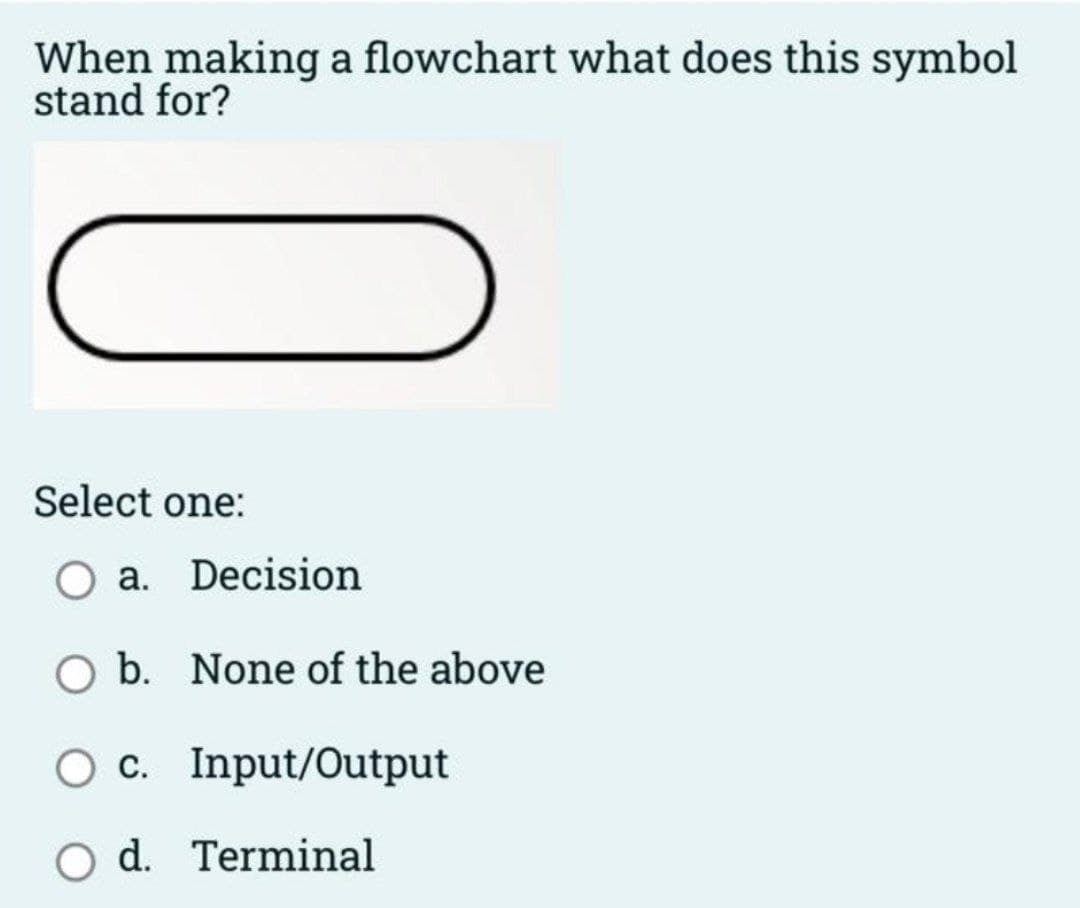 When making a flowchart what does this symbol
stand for?
Select one:
O a. Decision
O b. None of the above
O c. Input/Output
d. Terminal