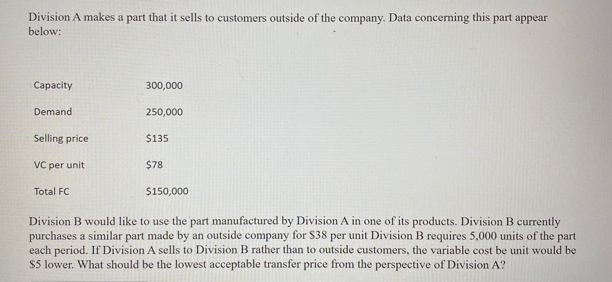 Division A makes a part that it sells to customers outside of the company. Data concerning this part appear
below:
Сaрacity
300,000
Demand
250,000
Selling price
$135
VC per unit
$78
Total FC
$150,000
Division B would like to use the part manufactured by Division A in one of its products. Division B currently
purchases a similar part made
each period. If Division A sells to Division B rather than to outside customers, the variable cost be unit would be
$5 lower. What should be the lowest acceptable transfer price from the perspective of Division A?
an outside company for $38 per unit Division B requires 5,000 units of the part
