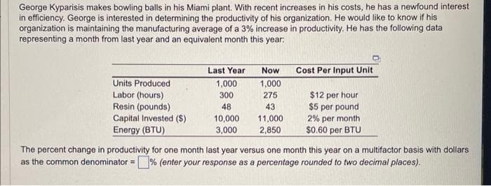 George Kyparisis makes bowling balls in his Miami plant. With recent increases in his costs, he has a newfound interest
in efficiency. George is interested in determining the productivity of his organization. He would like to know if his
organization is maintaining the manufacturing average of a 3% increase in productivity. He has the following data
representing a month from last year and an equivalent month this year:
Units Produced
Labor (hours)
Resin (pounds)
Capital Invested ($)
Energy (BTU)
Last Year
1,000
300
48
10,000
3,000
Now
1,000
275
43
11,000
2,850
Cost Per Input Unit
$12 per hour
$5 per pound
2% per month
$0.60 per BTU
The percent change in productivity for one month last year versus one month this year on a multifactor basis with dollars
as the common denominator =% (enter your response as a percentage rounded to two decimal places).