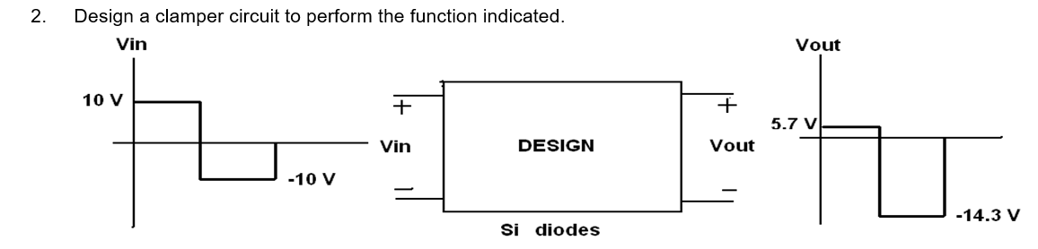 2. Design a clamper circuit to perform the function indicated.
Vin
+
t1
Vin
-10 V
10 V
DESIGN
Si diodes
+
Vout
Vout
5.7 V
-14.3 V