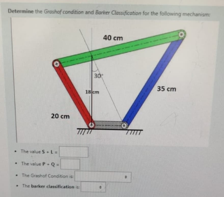 Determine the Grashof condition and Barker Classification for the following mechanism:
20 cm
40 cm
30°
18 cm
The value S+L=
The value P+Q=
The Grashof Condition is:
The barker classification is:
4
35 cm