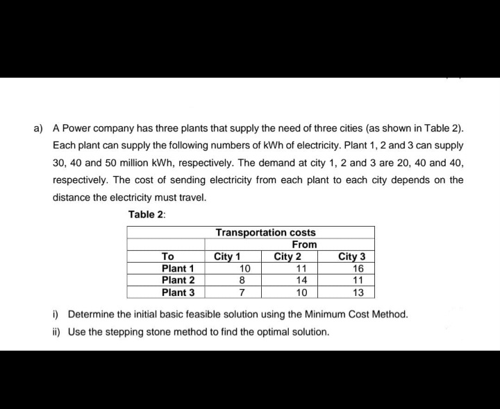 a) A Power company has three plants that supply the need of three cities (as shown in Table 2).
Each plant can supply the following numbers of kWh of electricity. Plant 1, 2 and 3 can supply
30, 40 and 50 million kWh, respectively. The demand at city 1, 2 and 3 are 20, 40 and 40,
respectively. The cost of sending electricity from each plant to each city depends on the
distance the electricity must travel.
Table 2:
Transportation costs
From
City 2
City 1
10
8
City 3
16
11
To
Plant 1
11
Plant 2
14
Plant 3
7
10
13
i) Determine the initial basic feasible solution using the Minimum Cost Method.
ii) Use the stepping stone method to find the optimal solution.
