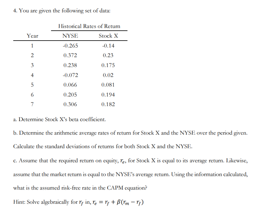 a. Determine Stock X's beta coefficient.
b. Determine the arithmetic average rates of return for Stock X and the NYSE over the period given.
Calculate the standard deviations of returns for both Stock X and the NYSE.
c. Assume that the required return on equity, re, for Stock X is equal to its average return. Likewise,
assume that the market return is equal to the NYSE's average return. Using the information calculated,
what is the assumed risk-free rate in the CAPM equation?
Hint: Solve algebraically for rf in, re = r¡ + B(rm – r;)
