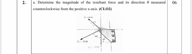 a. Determine the magnitude of the resultant force and its direction 0 measured
counterclockwise from the positive x-axis. (CLO2)
F- 70 il
