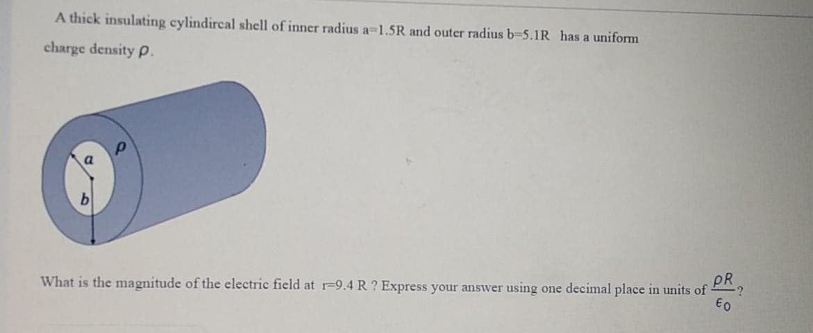 A thick insulating cylindircal shell of inner radius a-1.5R and outer radius b=5.1R has a uniform
charge density p.
What is the magnitude of the electric field at r=9.4 R ? Express your answer using one decimal place in units of
PR
:?
