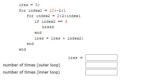 ires = 0;
for indexl = 10:-2:1
for index2 = 2:2:index1
if index2 == 6
break
end
ires = ires + index23;
end
end
ires =
number of times (outer loop)
number of times (inner loop)
