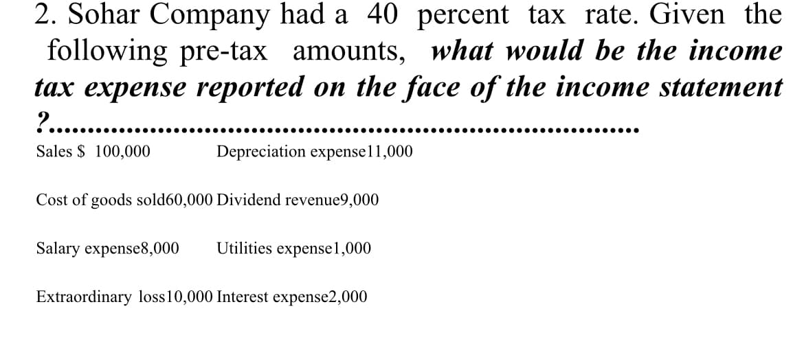 2. Sohar Company had a 40 percent tax rate. Given the
following pre-tax amounts, what would be the income
tax expense reported on the face of the income statement
?.. .
........
..................•...
.....•.....•......
Sales $ 100,000
Depreciation expensel1,000
Cost of goods sold60,000 Dividend revenue9,000
Salary expense8,000
Utilities expense1,000
Extraordinary loss10,000 Interest expense2,000

