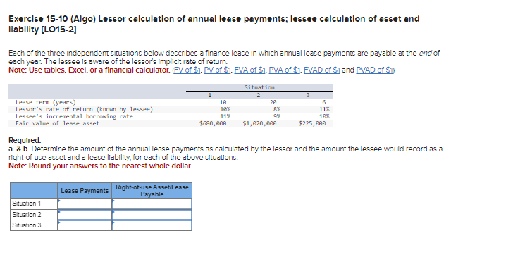 Exercise 15-10 (Algo) Lessor calculation of annual lease payments; lessee calculation of asset and
llability [LO15-2]
Each of the three Independent situations below describes a finance lease in which annual lease payments are payable at the end of
each year. The lessee is aware of the lessor's implicit rate of return.
Note: Use tables, Excel, or a financial calculator. (FV of $1, PV of $1, FVA of $1, PVA of $1, FVAD of $1 and PVAD of $1)
Lease term (years)
Lessor's rate of return (known by lessee)
Lessee's incremental borrowing rate
Fair value of lease asset
Situation 1
Situation 2
Situation 3
1
Lease Payments
10
10%
11%
$680,000
Situation
2
20
8%
9%
$1,020,000
6
11%
18%
Required:
a. & b. Determine the amount of the annual lease payments as calculated by the lessor and the amount the lessee would record as a
right-of-use asset and a lease liability, for each of the above situations.
Note: Round your answers to the nearest whole dollar.
Right-of-use Asset/Lease
Payable
$225,000