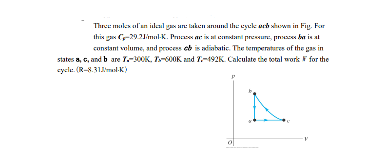 Three moles of an ideal gas are taken around the cycle acb shown in Fig. For
this gas C-29.2J/mol-K. Process ac is at constant pressure, process ba is at
constant volume, and process cb is adiabatic. The temperatures of the gas in
states a, c, and b are T-300K, Tb-600K and T-492K. Calculate the total work for the
cycle. (R-8.31J/mol.K)
P
0