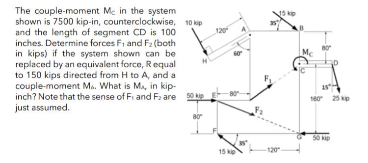 The couple-moment Mc in the system
shown is 7500 kip-in, counterclockwise, 10 kip
and the length of segment CD is 100
inches. Determine forces F1 and F2 (both
in kips) if the system shown can be
replaced by an equivalent force, R equal
to 150 kips directed from H to A, and a
couple-moment MA. What is MA, in kip-
inch? Note that the sense of F1 and F2 are 50 kip E
just assumed.
15 kip
35
120
A
80"
Mc
60
15
80"
160 25 kip
80"
50 kip
35
15 kip
120"-
