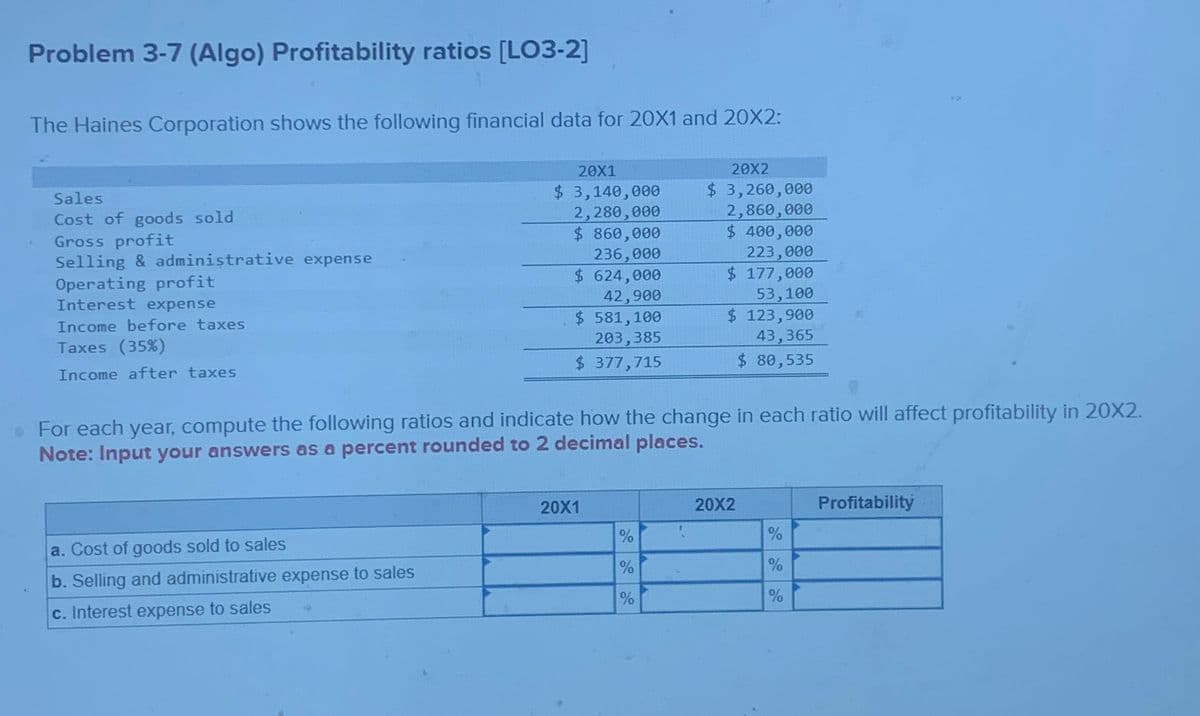 Problem 3-7 (Algo) Profitability ratios [LO3-2]
The Haines Corporation shows the following financial data for 20X1 and 20X2:
Sales
Cost of goods sold
Gross profit
Selling & administrative expense
Operating profit
Interest expense
Income before taxes
Taxes (35%)
Income after taxes
20X1
$ 3,140,000
2,280,000
$ 860,000
236,000
$ 624,000
42,900
$ 581,100
203,385
$ 377,715
20X2
$ 3,260,000
2,860,000
$ 400,000
223,000
$ 177,000
53,100
$ 123,900
43,365
$ 80,535
⚫ For each year, compute the following ratios and indicate how the change in each ratio will affect profitability in 20X2.
Note: Input your answers as a percent rounded to 2 decimal places.
a. Cost of goods sold to sales
b. Selling and administrative expense to sales
c. Interest expense to sales
20X1
20X2
Profitability
%
%
%
%
%
%