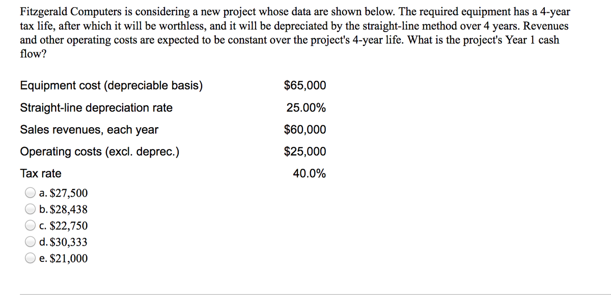 Fitzgerald Computers is considering a new project whose data are shown below. The required equipment has a 4-year
tax life, after which it will be worthless, and it will be depreciated by the straight-line method over 4 years. Revenues
and other operating costs are expected to be constant over the project's 4-year life. What is the project's Year 1 cash
flow?
Equipment cost (depreciable basis)
Straight-line depreciation rate
Sales revenues, each year
Operating costs (excl. deprec.)
Tax rate
a. $27,500
b. $28,438
c. $22,750
d. $30,333
e. $21,000
$65,000
25.00%
$60,000
$25,000
40.0%