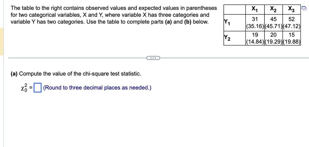 The table to the right contains observed values and expected values in parentheses
for two categorical variables, X and Y, where variable X has three categories and
variable Y has two categories. Use the table to complete parts (a) and (b) below.
(a) Compute the value of the chi-square test statistic.
x²3
(Round to three decimal places as needed.)
=
Y₁
Y₂
X₁
X₂
X3
31
45 52
(35.16) (45.71) (47.12)
19 20 15
(14.84) (19.29) (19.88)
n