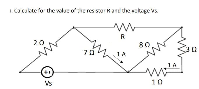 1. Calculate for the value of the resistor R and the voltage Vs.
in
R
20
7Ω
1 A
1 A
Vs
1Ω
