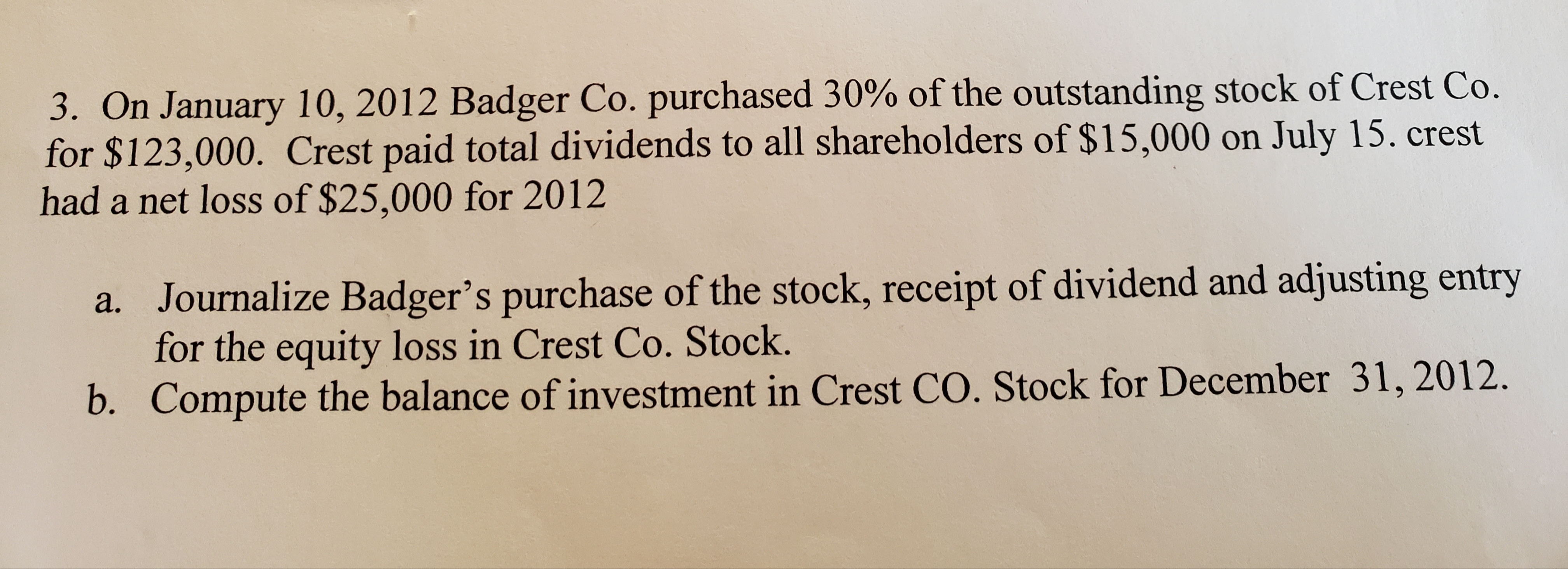 3. On January 10, 2012 Badger Co. purchased 30% of the outstanding stock of Crest Co.
for $123,000. Crest paid total dividends to all shareholders of $15,000 on July 15. crest
had a net loss of $25,000 for 2012
a. Journalize Badger's purchase of the stock, receipt of dividend and adjusting entry
for the equity loss in Crest Co. Stock.
b. Compute the balance of investment in Crest CO. Stock for December 31, 2012.
