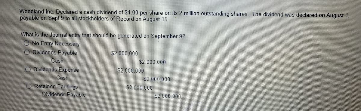 Woodland Inc. Declared a cash dividend of $1.00 per share on its 2 million outstanding shares. The dividend was declared on August 1,
payable on Sept 9 to all stockholders of Record on August 15.
What is the Journal entry that should be generated on September 9?
O No Entry Necessary
O Dividends Payable
$2.000 000
Cash
$2 000.000
O Dividends Expense
$2.000 C00
Cash
S2 000 000
O Retained Earnings
Dividends Payable
$2 000 C00
$2 000 000
