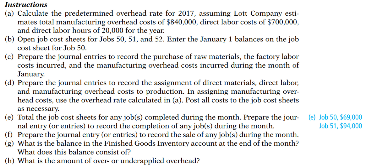 Instructions
(a) Calculate the predetermined overhead rate for 2017, assuming Lott Company esti-
mates total manufacturing overhead costs of $840,000, direct labor costs of $700,000,
and direct labor hours of 20,000 for the year.
(b) Open job cost sheets for Jobs 50, 51, and 52. Enter the January 1 balances on the job
cost sheet for Job 50.
(c) Prepare the journal entries to record the purchase of raw materials, the factory labor
costs incurred, and the manufacturing overhead costs incurred during the month of
January.
(d) Prepare the journal entries to record the assignment of direct materials, direct labor,
and manufacturing overhead costs to production. In assigning manufacturing over-
head costs, use the overhead rate calculated in (a). Post all costs to the job cost sheets
as necessary.
(e) Total the job cost sheets for any job(s) completed during the month. Prepare the jour-
nal entry (or entries) to record the completion of any job(s) during the month.
(f) Prepare the journal entry (or entries) to record the sale of any job(s) during the month.
(g) What is the balance in the Finished Goods Inventory account at the end of the month?
What does this balance consist of?
(h) What is the amount of over- or underapplied overhead?
(e) Job 50, $69,000
Job 51, $94,000
