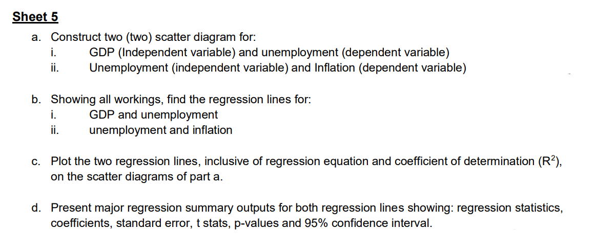 Sheet 5
a. Construct two (two) scatter diagram for:
i.
ii.
GDP (Independent variable) and unemployment (dependent variable)
Unemployment (independent variable) and Inflation (dependent variable)
b. Showing all workings, find the regression lines for:
GDP and unemployment
unemployment and inflation
i.
ii.
c. Plot the two regression lines, inclusive of regression equation and coefficient of determination (R²),
on the scatter diagrams of part a.
d. Present major regression summary outputs for both regression lines showing: regression statistics,
coefficients, standard error, t stats, p-values and 95% confidence interval.