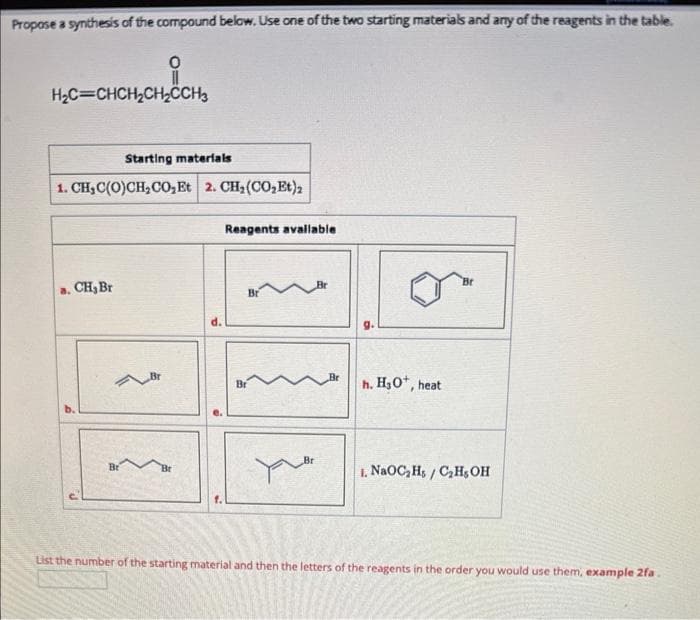 Propose a synthesis of the compound below. Use one of the two starting materials and any of the reagents in the table.
H₂C=CHCH₂CH₂CCH₂
Starting materials
1. CH,C(O)CH,CO,Et 2. CH,(CO,Et)
a. CH₂ Br
O
Be
Br
d.
Reagents available
Br
B
h. H₂O+, heat
1. NaOC₂Hs/C₂H5OH
List the number of the starting material and then the letters of the reagents in the order you would use them, example 2fa.