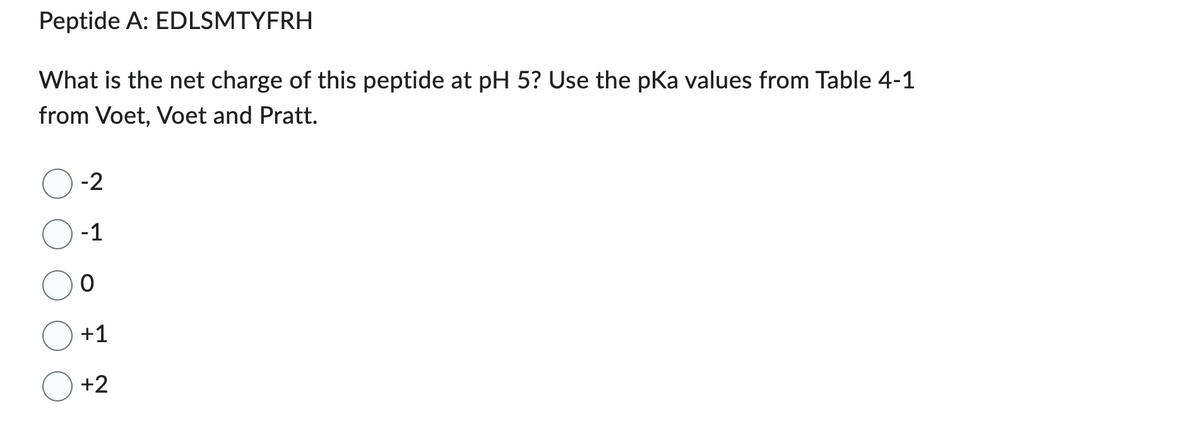 Peptide A: EDLSMTYFRH
What is the net charge of this peptide at pH 5? Use the pKa values from Table 4-1
from Voet, Voet and Pratt.
-2
-1
0
+1
+2