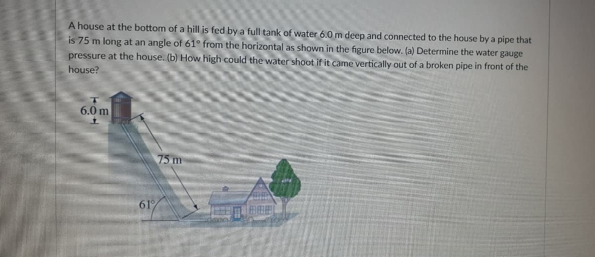 A house at the bottom of a hill is fed by a full tank of water 6.0 m deep and connected to the house by a pipe that
is 75 m long at an angle of 61° from the horizontal as shown in the figure below. (a) Determine the water gauge
pressure at the house. (b) How high could the water shoot if it came vertically out of a broken pipe in front of the
house?
6.0 m
75 m
619
