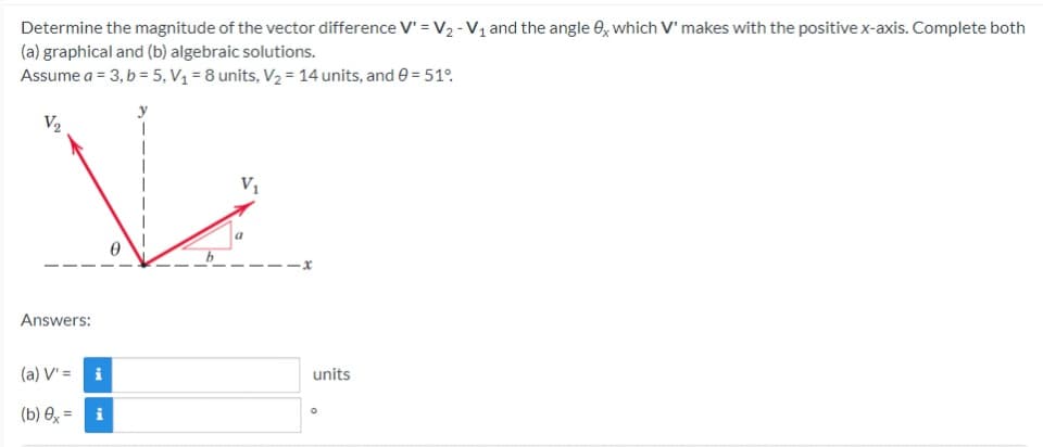 Determine the magnitude of the vector difference V' = V₂ - V₁ and the angle 0x which V' makes with the positive x-axis. Complete both
(a) graphical and (b) algebraic solutions.
Assume a = 3, b = 5, V₁ = 8 units, V₂ = 14 units, and 0 = 51°
V₂
Answers:
(a) V' =
(b) 0x =
i
i
-x
units
