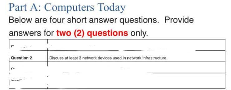 Part A: Computers Today
Below are four short answer questions. Provide
answers for two (2) questions only.
Question 2
Discuss at least 3 network devices used in network infrastructure.