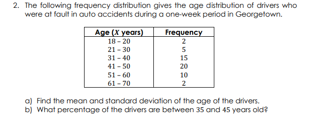 2. The following frequency distribution gives the age distribution of drivers who
were at fault in auto accidents during a one-week period in Georgetown.
Age (X years)
Frequency
18 - 20
2
21 - 30
5
31 - 40
15
41 - 50
20
51 - 60
61 – 70
10
2
a) Find the mean and standard deviation of the age of the drivers.
b) What percentage of the drivers are between 35 and 45 years old?
