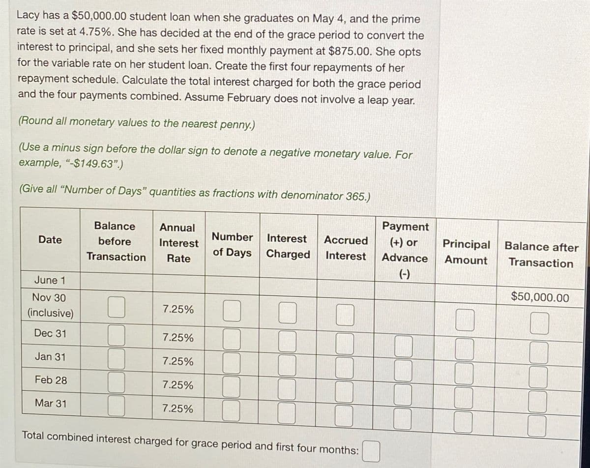 Lacy has a $50,000.00 student loan when she graduates on May 4, and the prime
rate is set at 4.75%. She has decided at the end of the grace period to convert the
interest to principal, and she sets her fixed monthly payment at $875.00. She opts
for the variable rate on her student loan. Create the first four repayments of her
repayment schedule. Calculate the total interest charged for both the grace period
and the four payments combined. Assume February does not involve a leap year.
(Round all monetary values to the nearest penny.)
(Use a minus sign before the dollar sign to denote a negative monetary value. For
example, "-$149.63".)
(Give all "Number of Days" quantities as fractions with denominator 365.)
Date
Balance
before
Transaction
Annual
Interest
Rate
Number
of Days Charged
Interest
Accrued
Interest
Payment
(+) or
Advance
Principal
Balance after
Amount
Transaction
(-)
June 1
$50,000.00
Nov 30
7.25%
(inclusive)
☐
☐
Dec 31
7.25%
Jan 31
7.25%
Feb 28
7.25%
Mar 31
7.25%
Total combined interest charged for grace period and first four months: