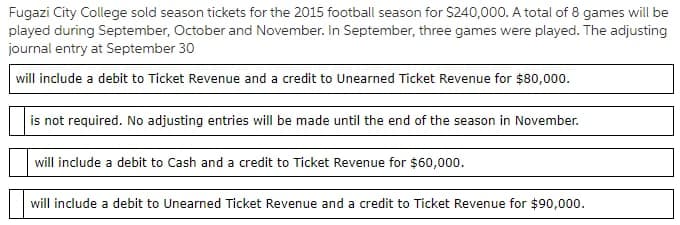 Fugazi City College sold season tickets for the 2015 football season for $240,000. A total of 8 games will be
played during September, October and November. In September, three games were played. The adjusting
journal entry at September 30
will include a debit to Ticket Revenue and a credit to Unearned Ticket Revenue for $80,000.
is not required. No adjusting entries will be made until the end of the season in November.
will include a debit to Cash and a credit to Ticket Revenue for $60,000.
will include a debit to Unearned Ticket Revenue and a credit to Ticket Revenue for $90,000.
