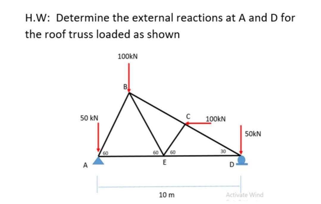 H.W: Determine the external reactions at A and D for
the roof truss loaded as shown
100KN
BỊ
50 kN
100kN
50KN
60
60
60
30
A
10 m
Activate Wind
