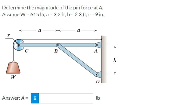 Determine the magnitude of the pin force at A.
Assume W = 615 lb, a = 3.2 ft, b = 2.3 ft, r = 9 in.
r
W
C
Answer: A =
a
B
A
D
lb
b